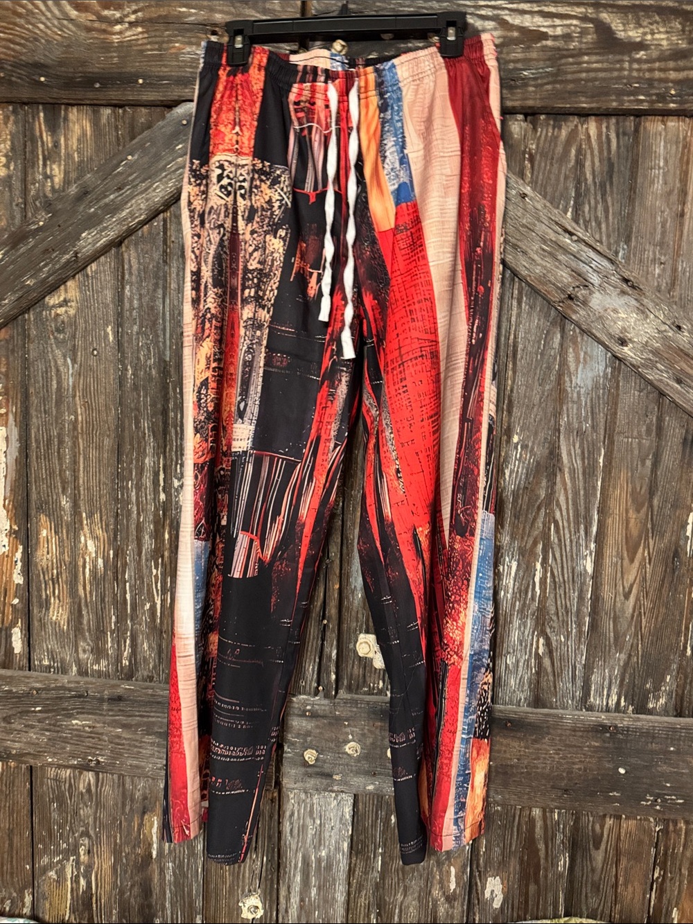 Men's Red Multi-Print with Drawstring—could be Unisex-Designed in California